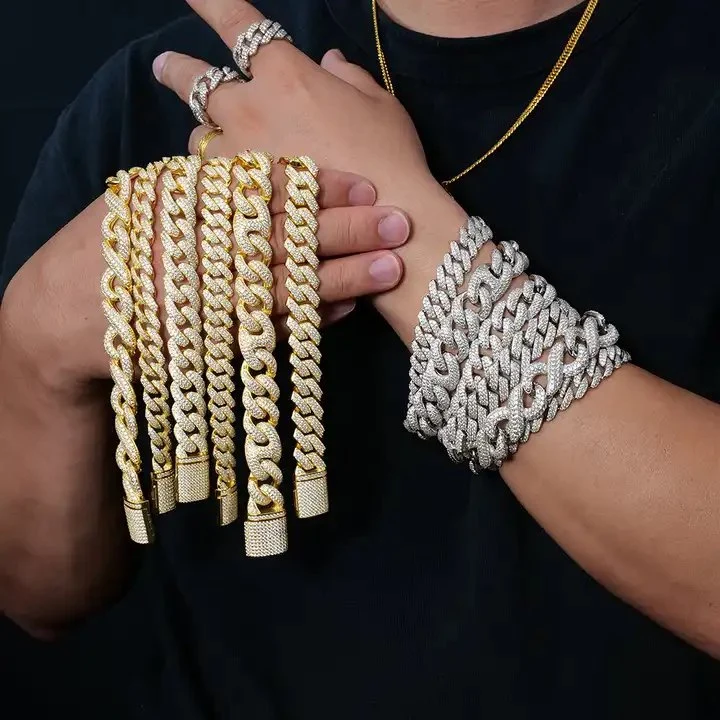 2023 New Style Miami Hip Hop Bling Iced out Bulk 925 Sterling Silver Vvs Moissanite Mens Cuban Link Hand Chain Bangle Bracelet