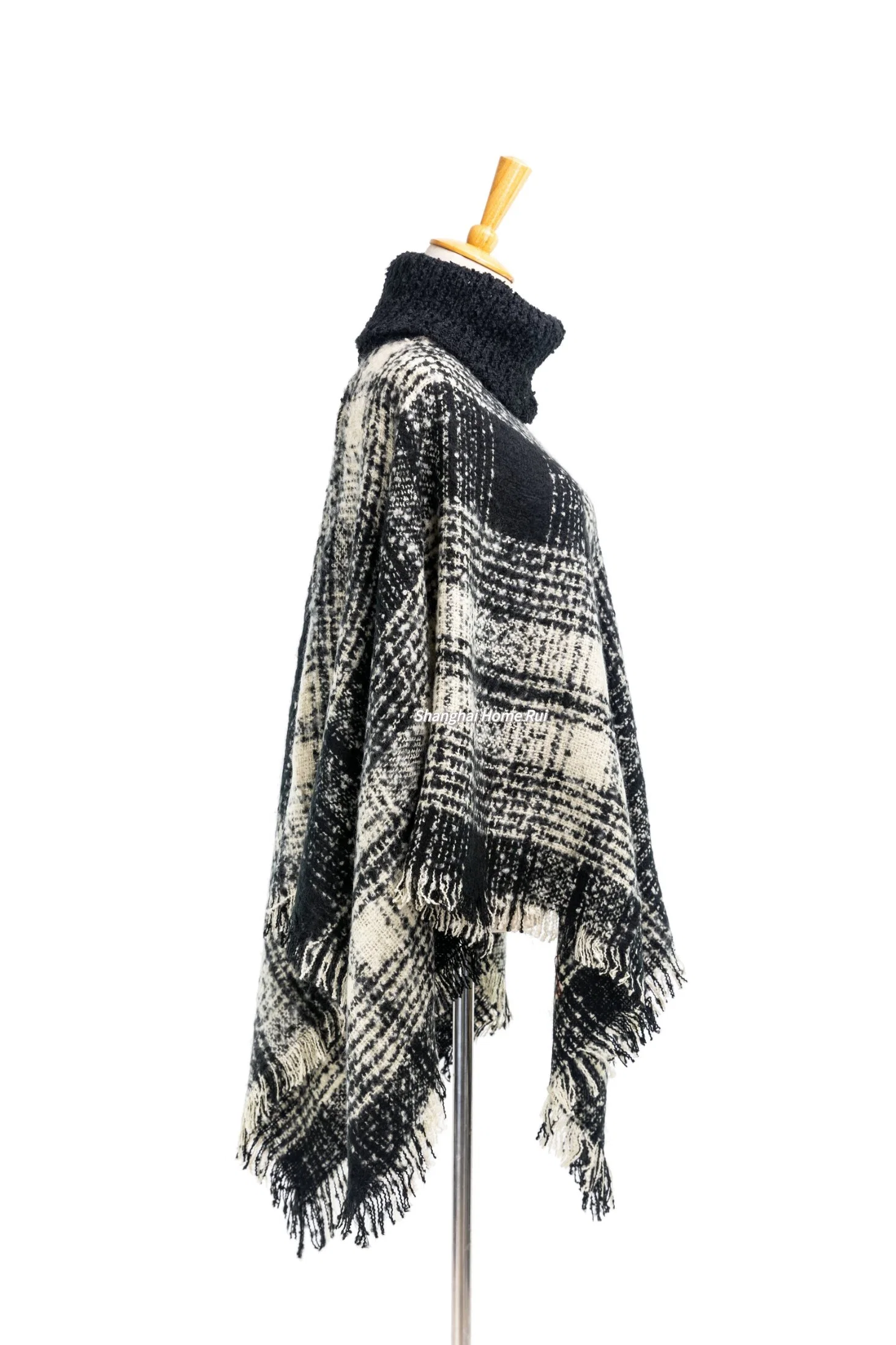 Home Rui Outerwear Spring Autumn Woman Warmth Black Beige Apparel Accessory Boucle Fringe Oversize Pullover Lattice Tartan Grids Turtleneck Shawl Cloak Cape