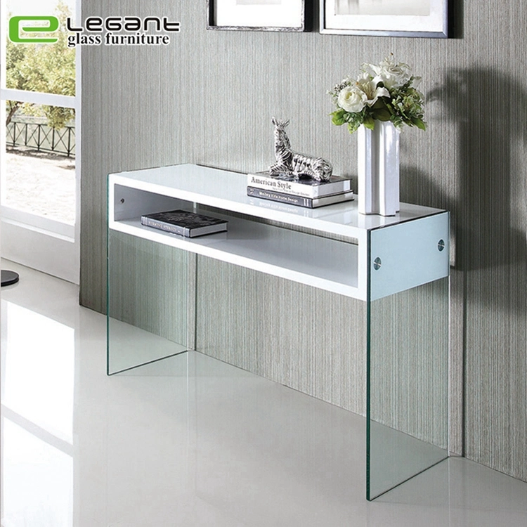 Clear Bent Glass Console Table with Tempered Glass Shelf