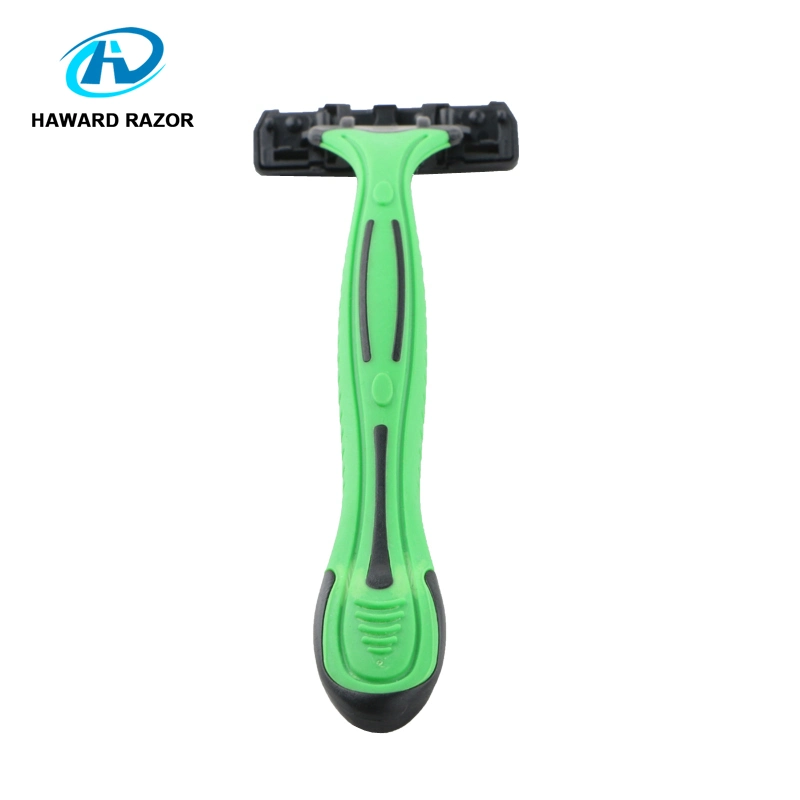 D316L Customized Green Rubber Handle Disposable Razor Shaving Tool 3 Blade Men Razor