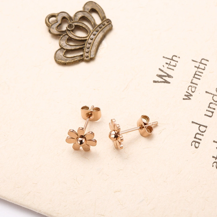 Korean Retro Design Titanium Steel Daisy Earring Jewelry Stainless Steel Rose Gold Plated Sunflower Stud Earrings for Women