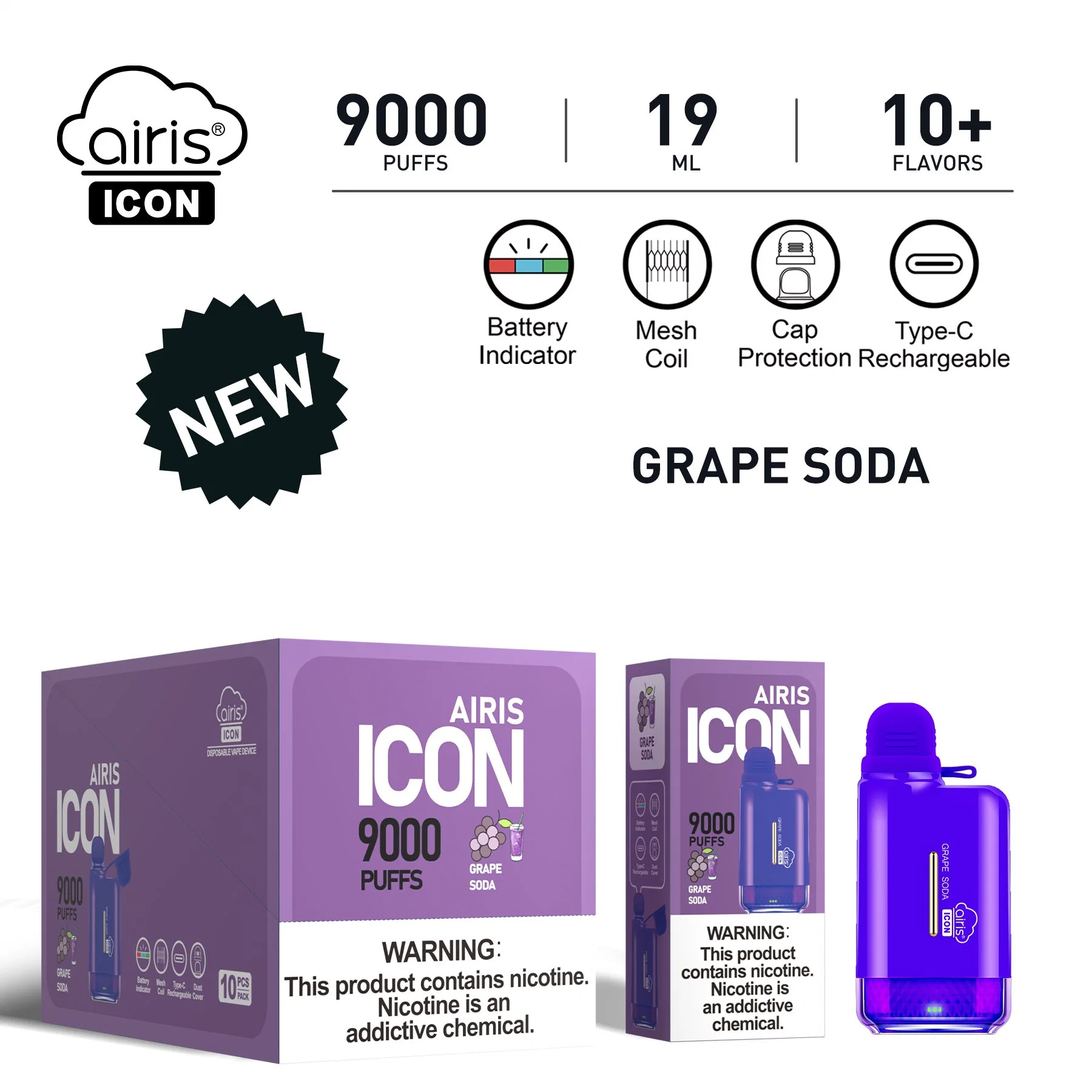 Airis icon 9000 أطواق Vape Pod يمكن التخلص منه بعد الاستخدام 20 مل قابلة لإعادة الشحن جهاز Vape