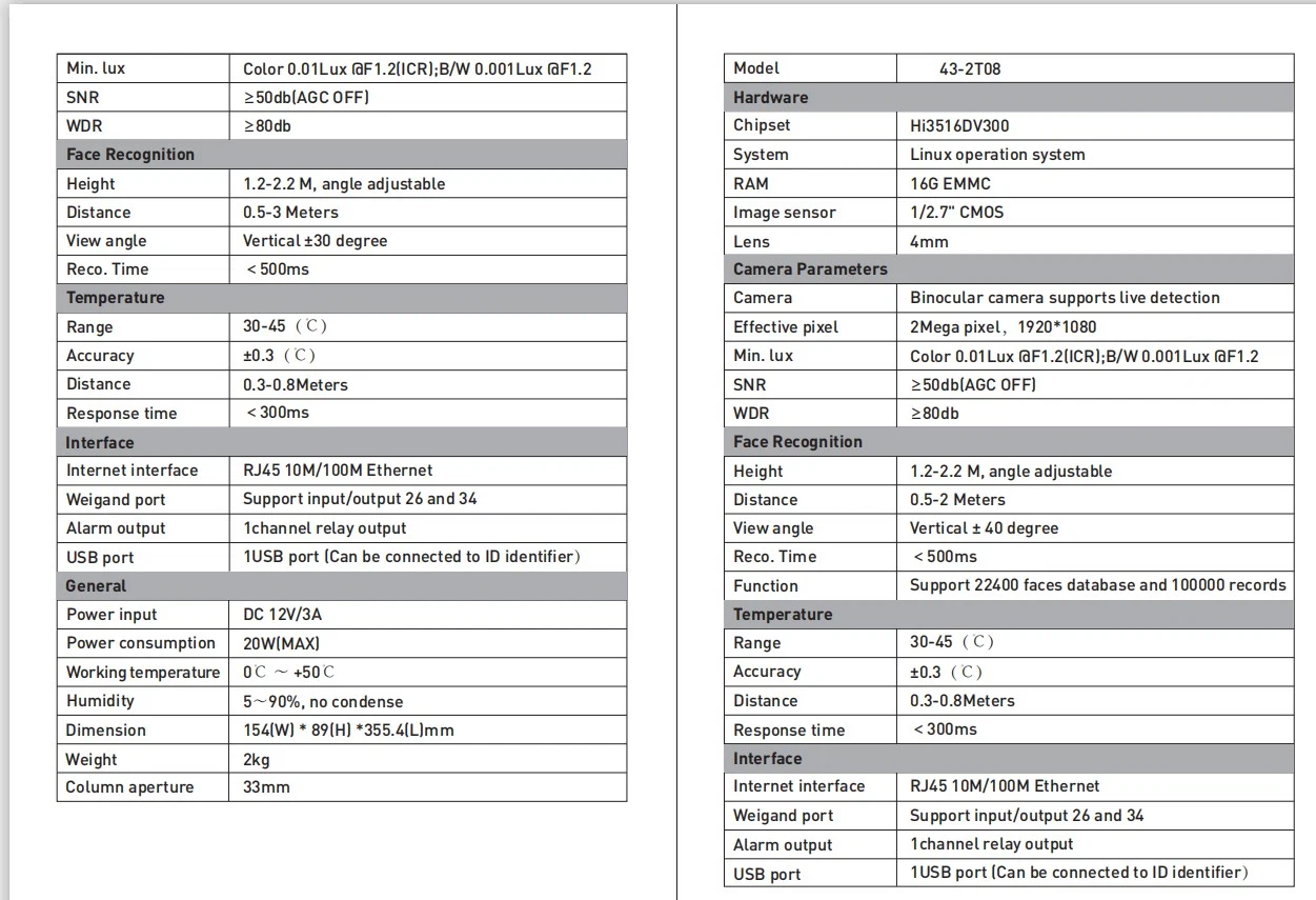 Face Thermal Camera Binocular Face Recognition Access Control Body Scanner Temperature Infrared Thermometer