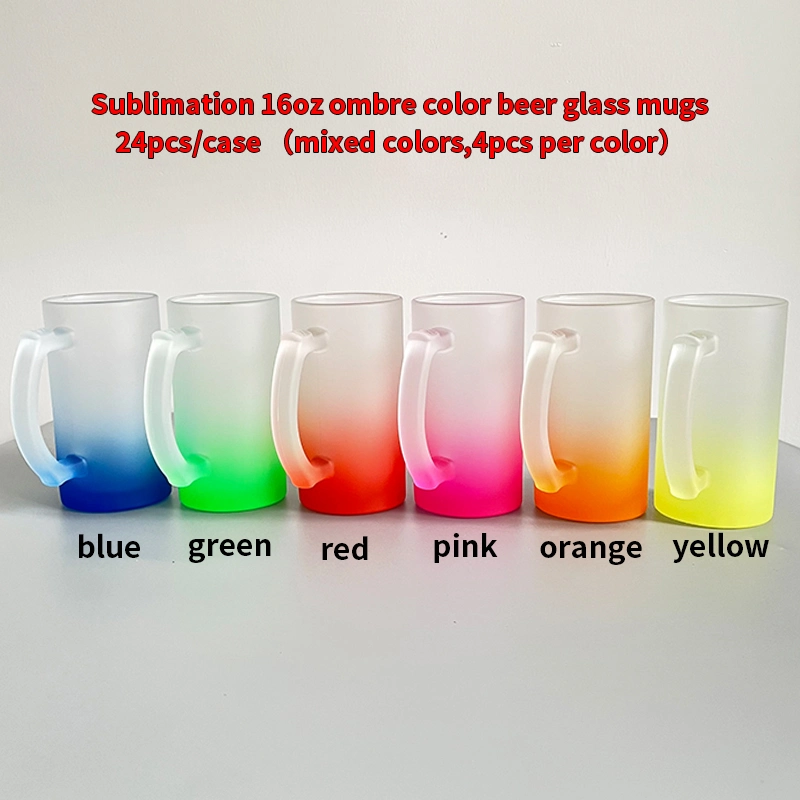 USA Warehouse 16oz Ombre Color Gradient Colorful Iridescent Glitter Rainbow Pint Blank Sublimation Frosted Beer Glass Mugs with Handle for Iced Coffee