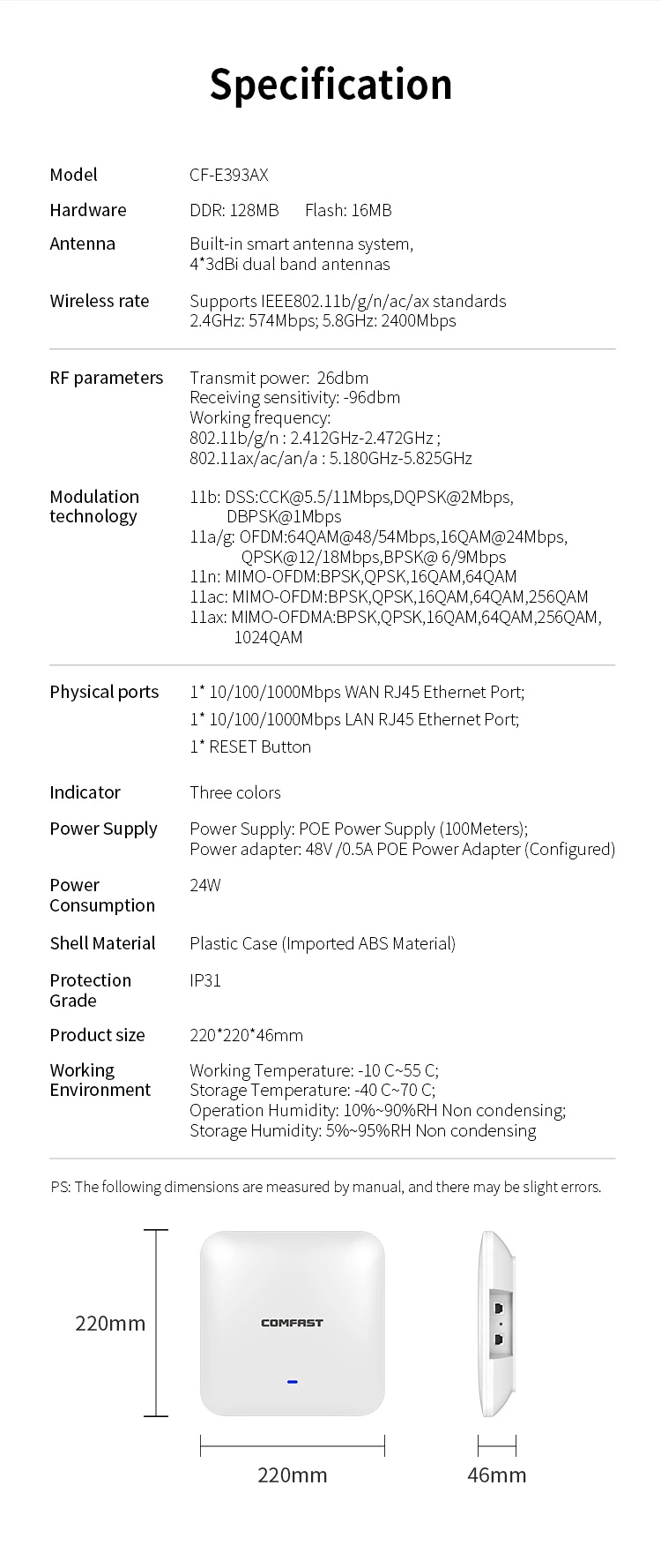 Comfast CF-E393ax 3000Mbps Wireless Mesh Ap de techo WiFi 48V de alimentación Poe Wall-Mounted roaming WiFi6 Router Punto de acceso