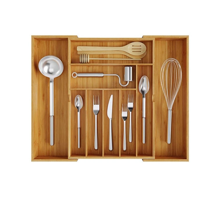 Cutlery Tray Desk Drawer Organizer Silverware Holder Bamboo Wood Utensil Storage Box