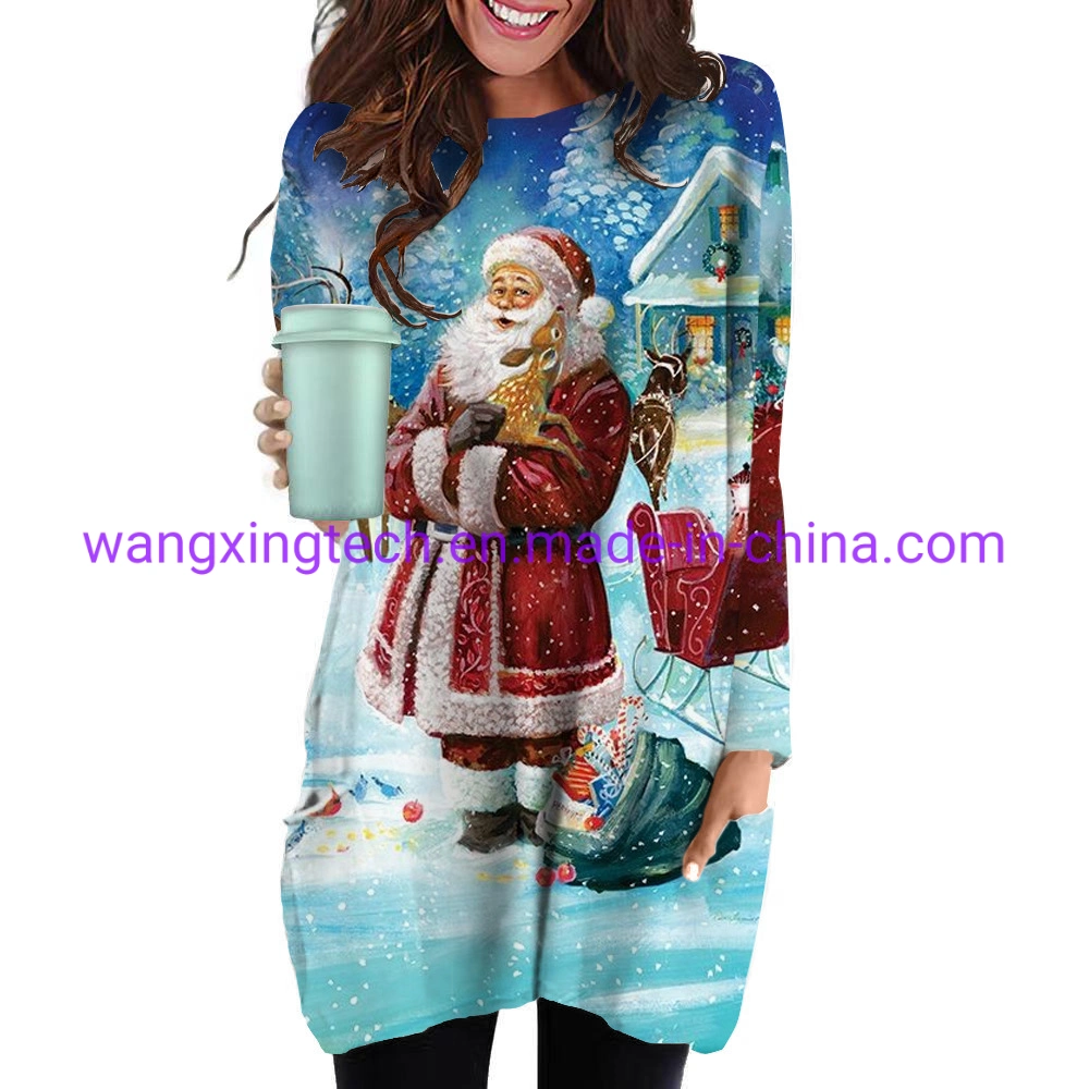 Wholesale/Supplier 2022 New Women's Loose Round Neck 3D Digital Christmas Element Printing Long T-Shirt