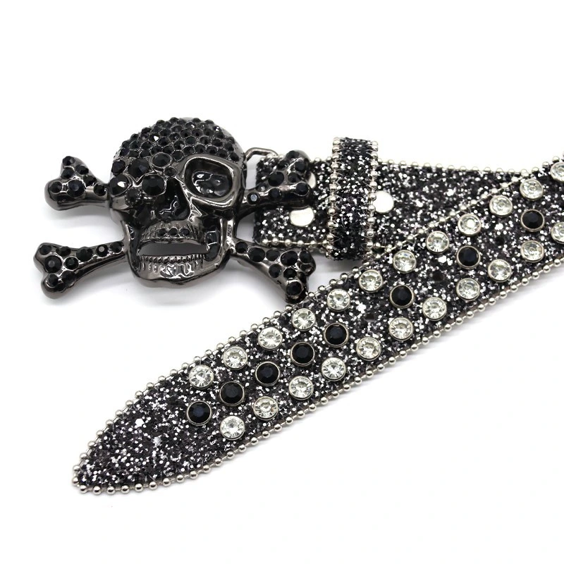 Retro Western Cowboy Bling Light Siam Black Rhinestone Belt Pumpkin Studded Belt with Custom Removable Skull Buckle