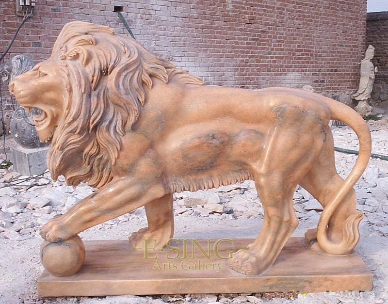Hand Carved Western Style Life Size Yellow Stone Walking Marble Lion Statue