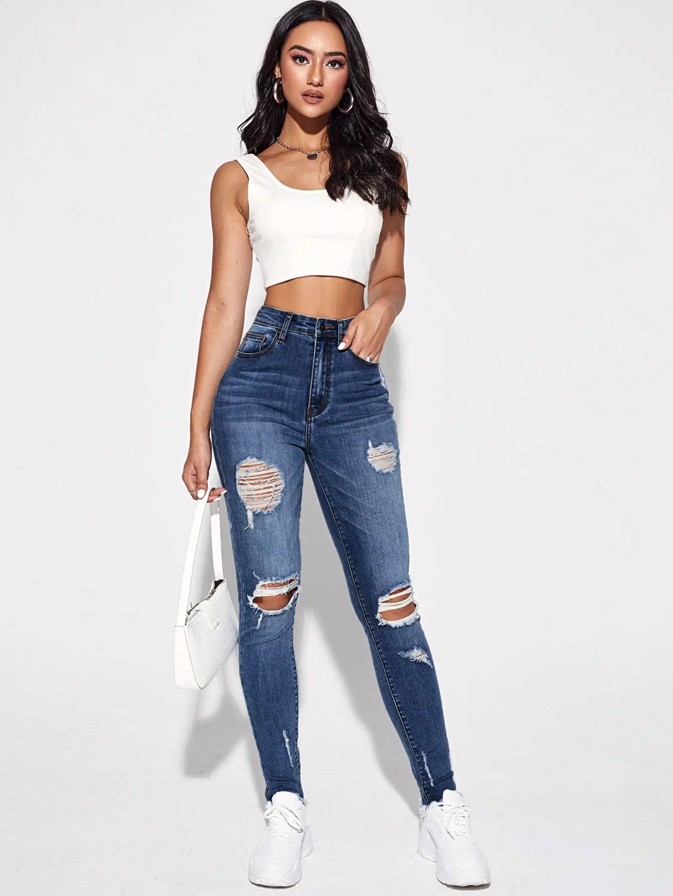 New Fashion Lady Jeans High Waisted Scratch Holes and Raw Edge Bottom Hem Stretch Quality OEM&ODM Slim Fitting Jeans