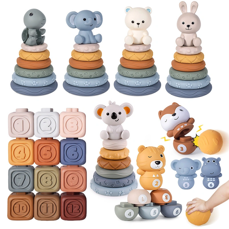 Baby Soft Silicone Teething Stacking Ring Educational Learning Rainbow Tower Juguete para bebés y niños Regalo