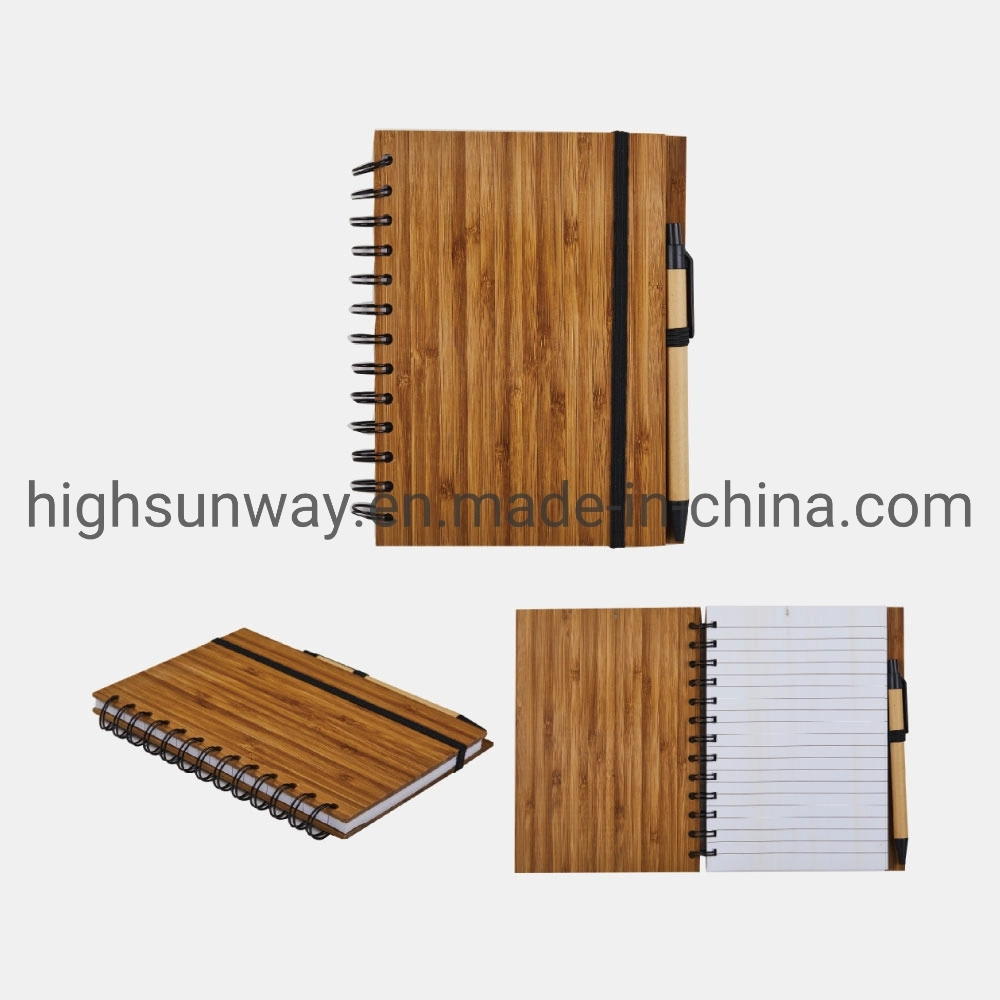 Office Supply Bamboo Cover Spiral Notebook مع قلم كروي لـ هدية ترويجية