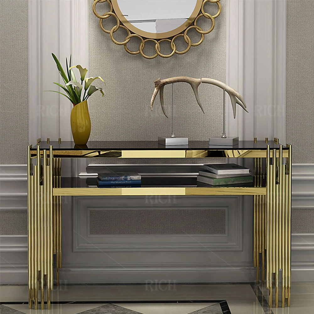 Luxury Entryway Table Gold Stainless Steel Legs Rectangle Narrow Glass Console Table