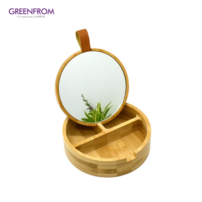 Caixa de tabuleiro redonda de bambu com tampa espelhada para armazenamento de cosméticos Gmz1606