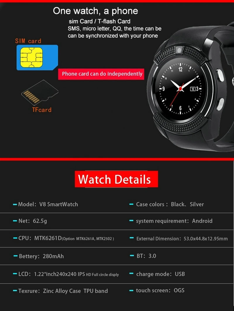 Nouvelle tendance téléphone mobile Dual SIM appel V8 Reloj Smartwatch Pour bracelets et accessoires Android étanches LED Smart Watch pour Sommeil suivi de forme physique