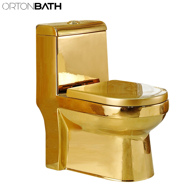 Ortonbath Water Saving Electroplating Wash Down Gold Bathroom Commode Set Floor Standing One Wc Toilet with Seat Cover Bowl Accessories