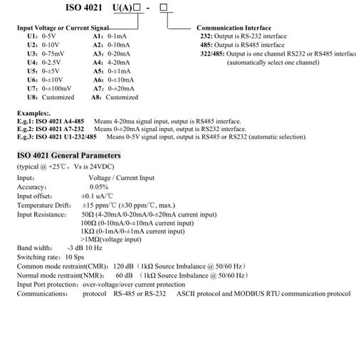 0-5 V /4-20 mA a RS485/RS232 A-D Converter la adquisición de datos la norma ISO 4021 U (A)