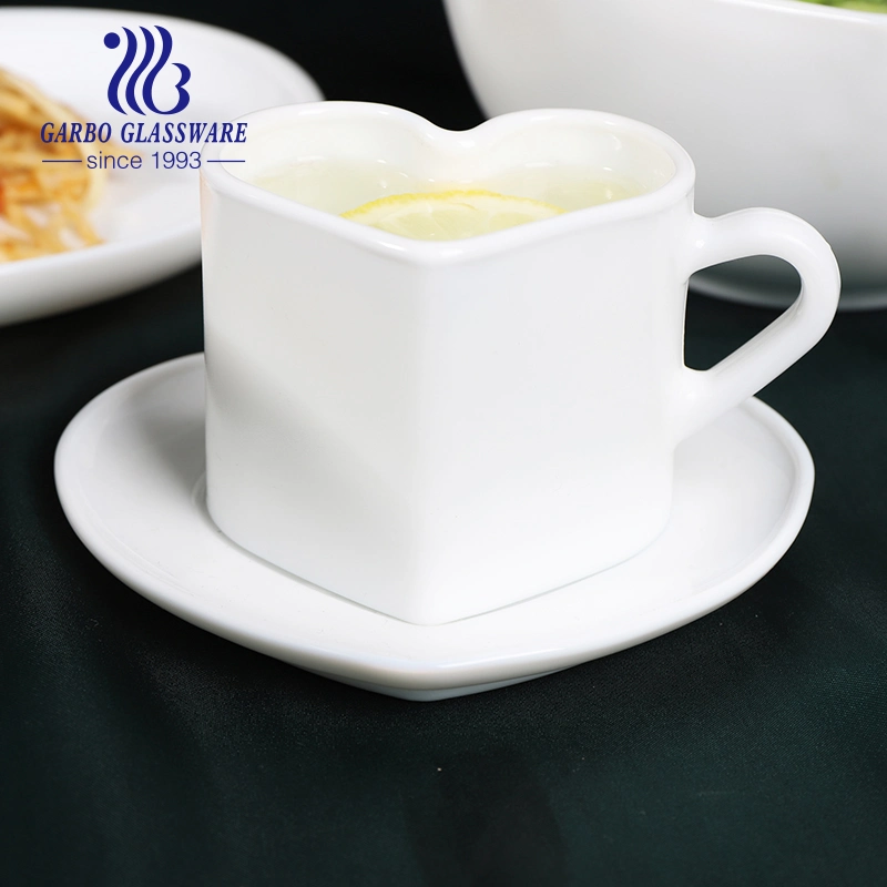 White Colord Heart Shape Opal Glass Sauce Dishes Coffee Cup Food Plate Sets with Logo Opal Glass Dinnerware