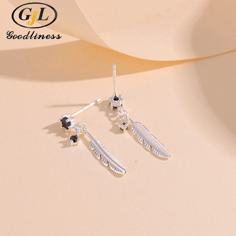 Dainty Black Stone Feather Dangle Earrings for Girls 925 Silver