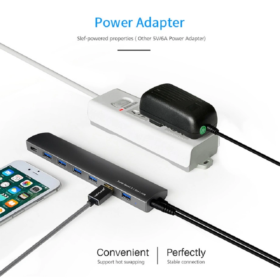 Aluminum USB-C USB 3.0 7-Port Hub Type C a Ports Power Adapter