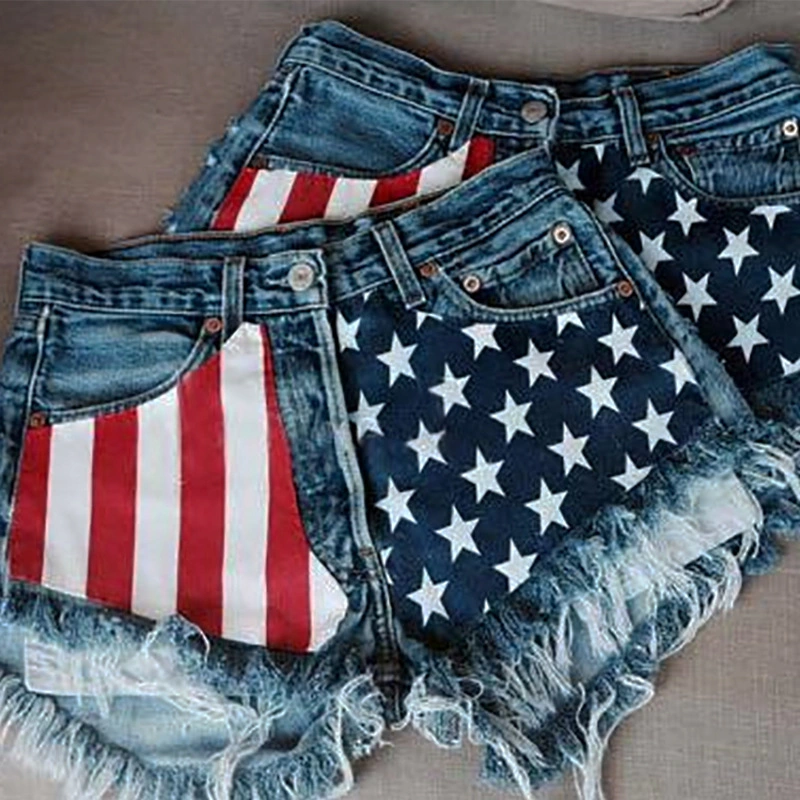 Women Short Jeans American Us Flag Mini Hot Pants Denim Low Waist Washed Distressed Short Jeans Esg14338