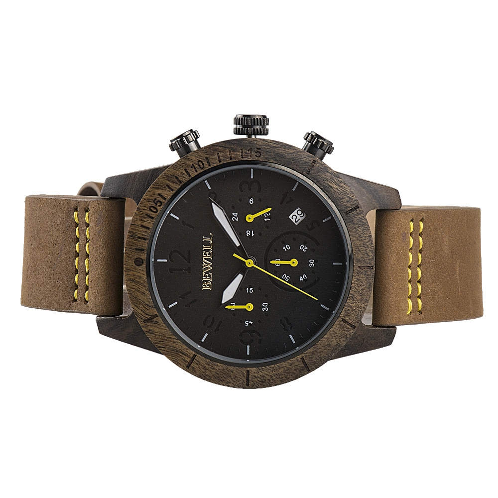 Bewell ver hombres Muñeca de Madera 41mm Japón Vd53 Movt Sándalo negro reloj cronógrafo de cuero Fastrack Reloj para hombres