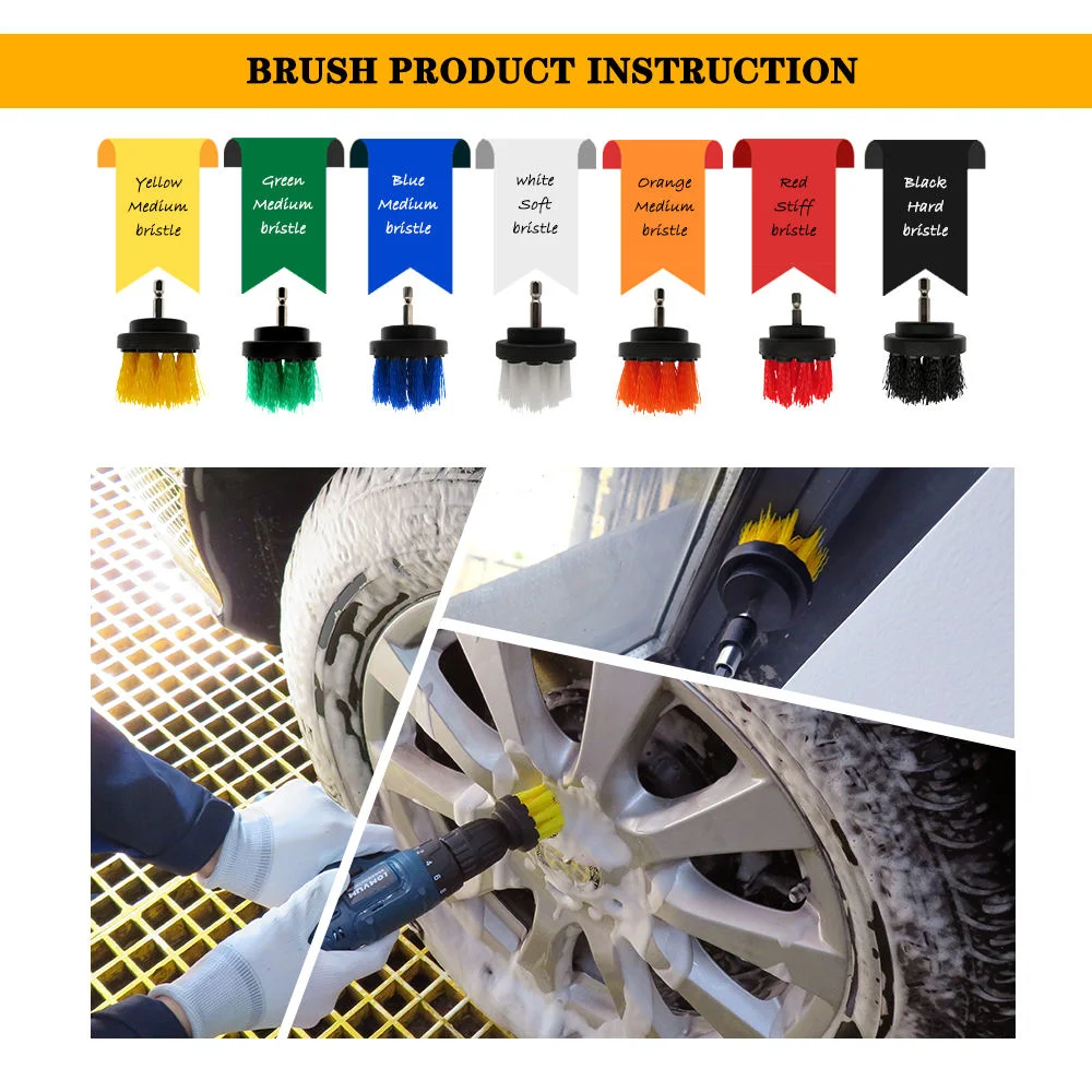 4PCS/Set Yellow Drill Brush Attachment Set Car Cleaning Kit for Bathroom Surfaces, Grout, Floor