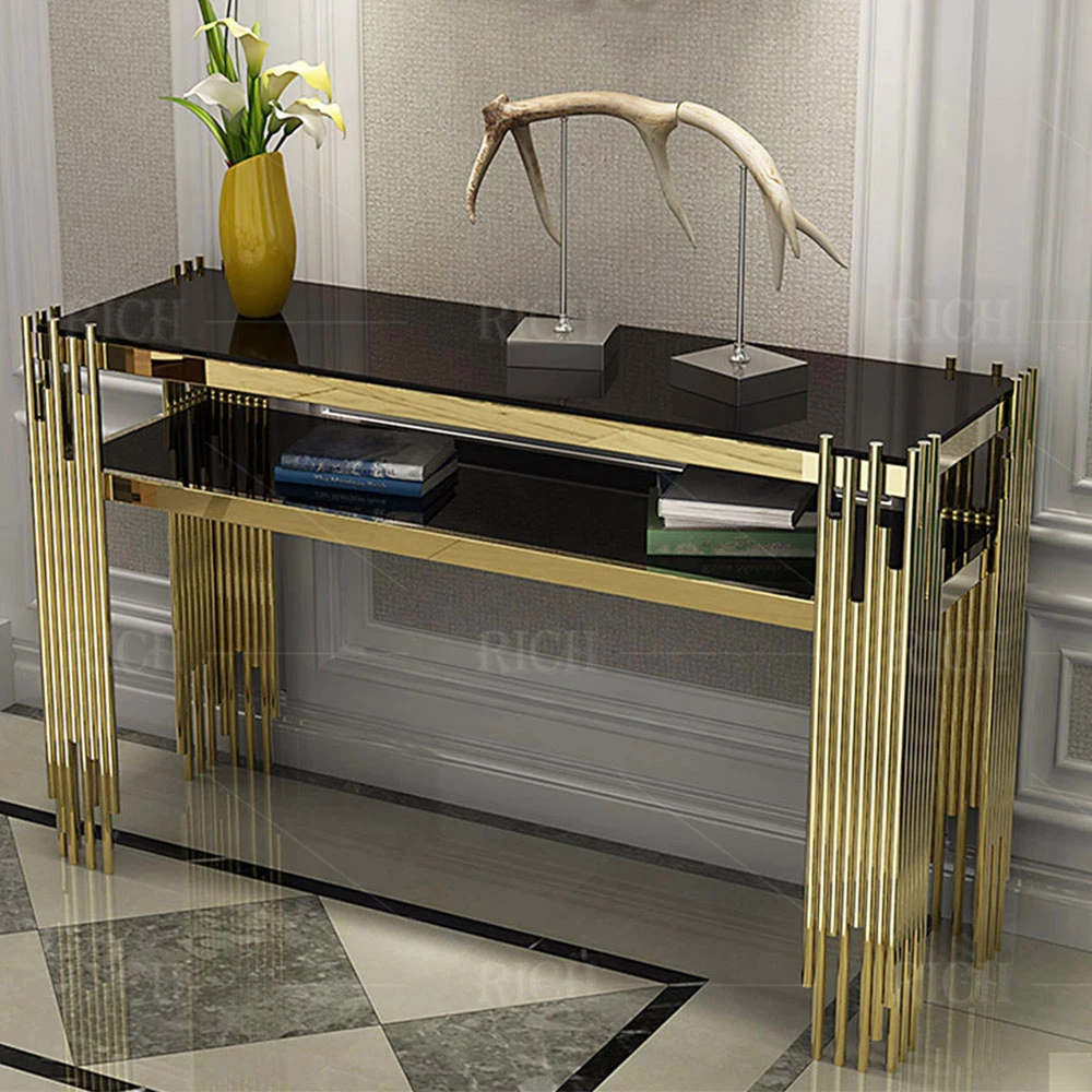 Mesa de entryway de luxo, pernas de aço inoxidável, de vidro estreito rectangular Tabela da consola