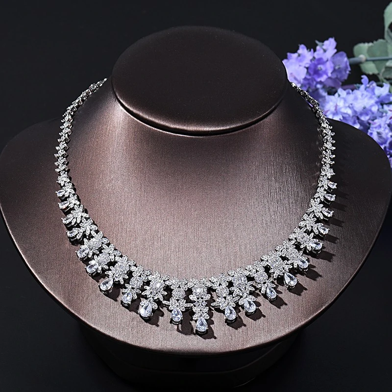 Necklace Earring Ring Bracelet Four-Piece Bright Full Diamond Zircon Jewelry Set Bridal Wedding Jewelry