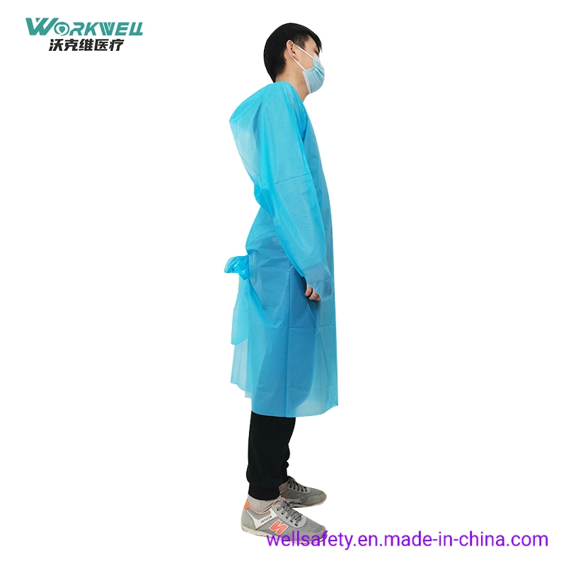 AAMI Level 2 CPE Disposable Gown with Long Sleeves 55g Washable Blue Plastic Aprons for Hospitals Waterproof CPE Surgical Gown En14126