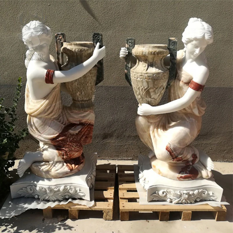 Garden Stone Furniture Hand Carving Natural Solid Marble Flowerpot with Lady Statues