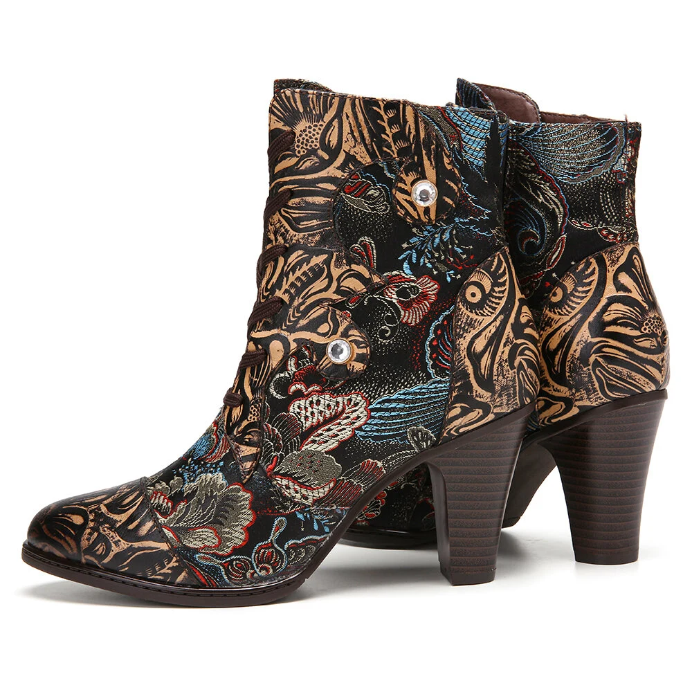 Vintage Floral Printed Cowhide Leather Warm Lined Wearable Short Boots