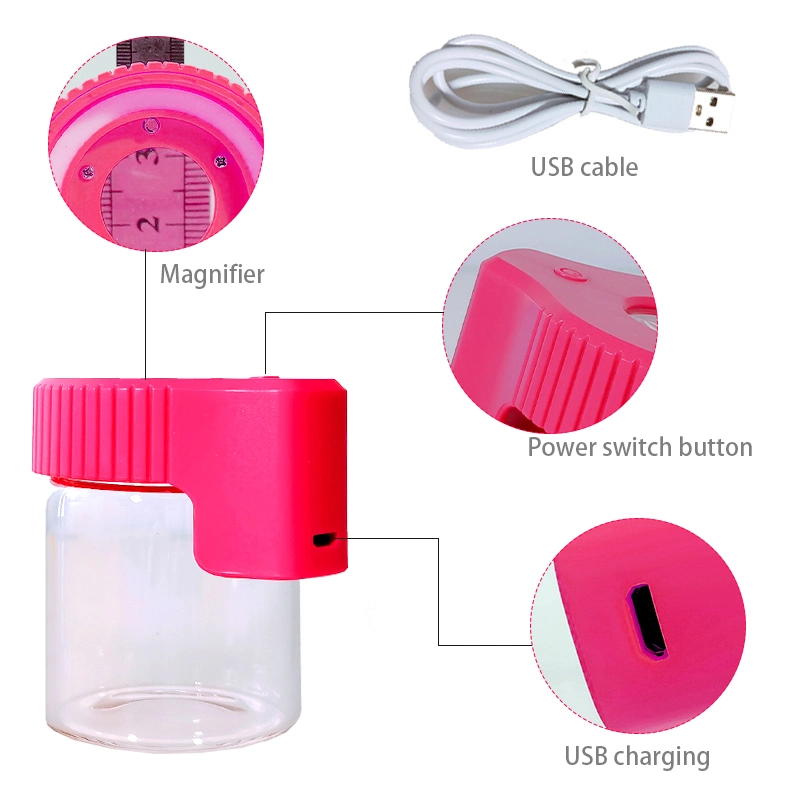 Cargador USB LED Luz estanca estanca Magnificante a prueba de olores Glas Jar para galletas de hierbas Spice