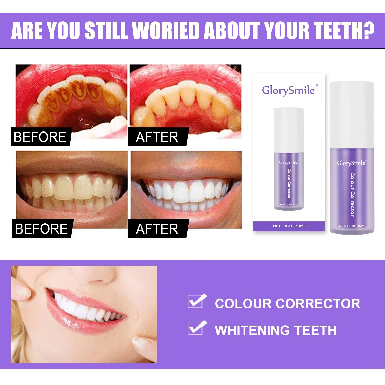 Home Purple Teeth Color Corrector Whitening Serum Toothpaste for Yellow Teeth