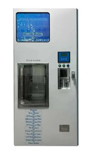 Distributeurs automatiques de purification d'eau par osmose inverse, fonctionnant avec des pièces de monnaie, certifiés CE.