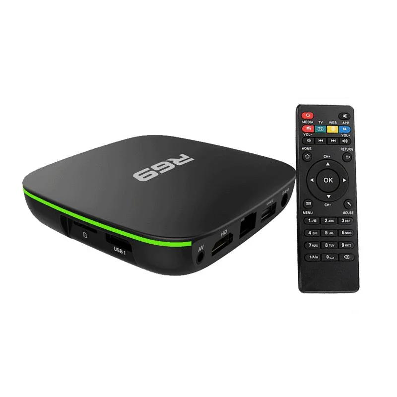 R69 H. 265 TV Box 2GB+16GB 1G+8G 4K de cuatro núcleos de alta definición 2.4G Decodificador WiFi soporte 1080P de la película en 3D Media Player