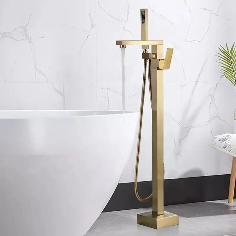Matte Black Floor Mount Brass Single Handle Bathroom Faucets with Hand Shower Waterfall Tub Filler Freestanding Bathtub Faucet