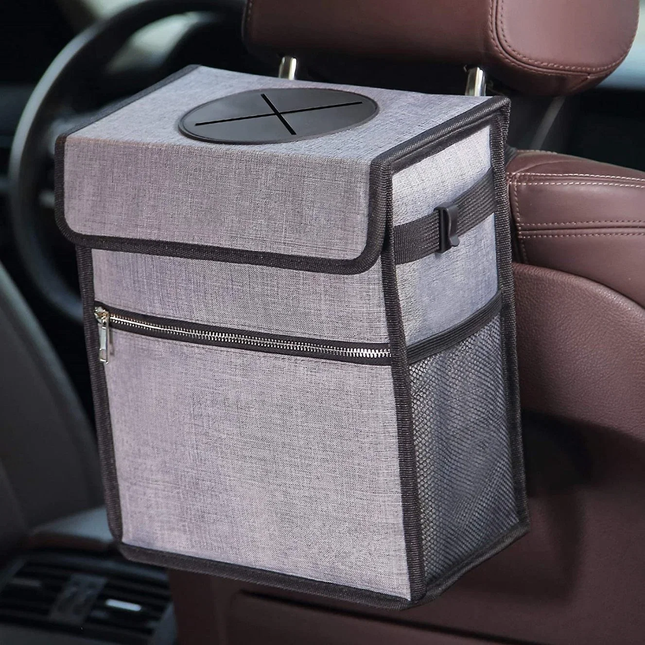 Car Trash Can with Lid and Storage Pockets