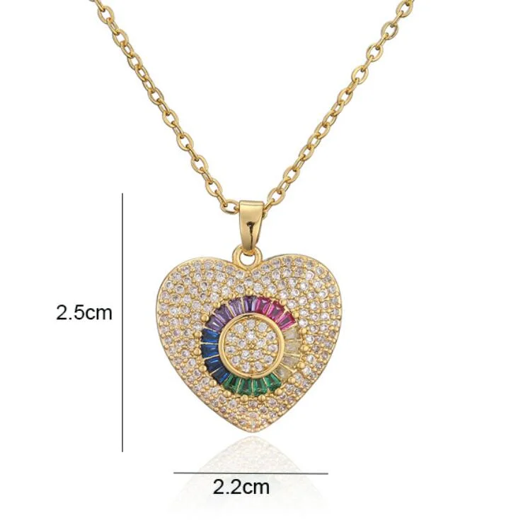 Rainbow Zirconia Jewelry Wedding Gift New Design Fashion Heart Pendent for Women Charm Chain Lovers Copper Necklaces