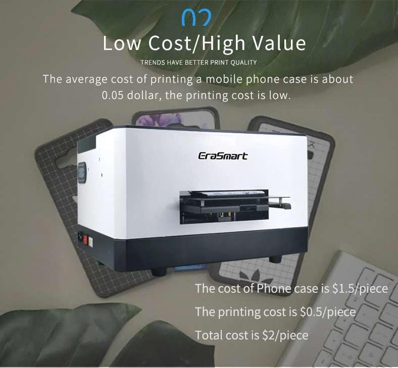 Erasmart Small Desktop for Card Acrylic Bottle Phone Case Printing Mini Inkjet LED Price Flatbed A5 Size UV Printer