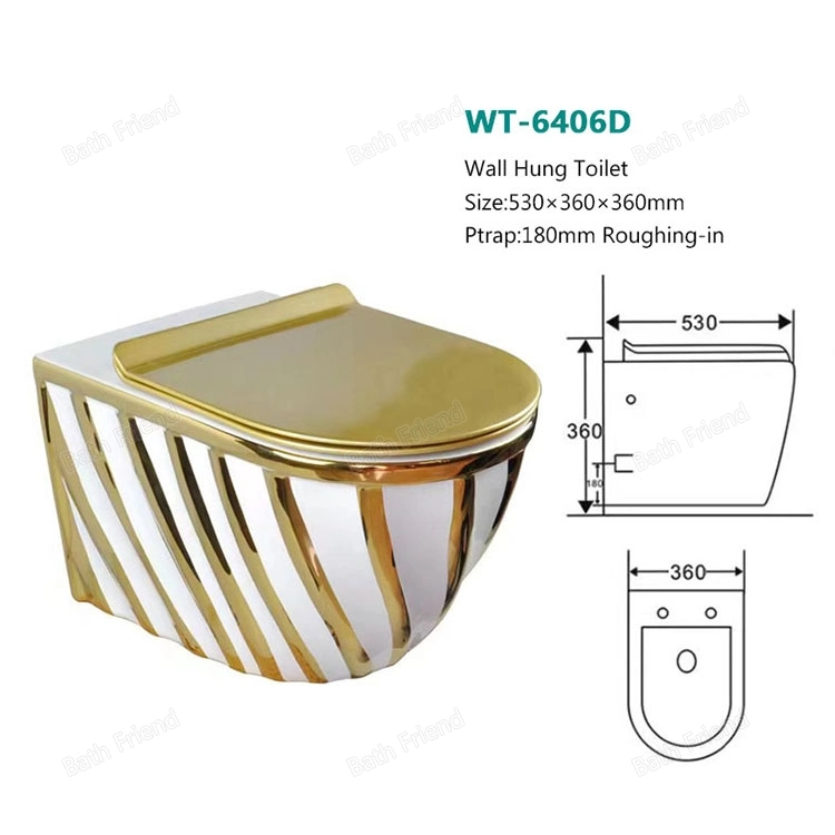 Tornado Design Luxury White and Gold Color Electroplating Wc Wall Mounted Ceramic Toilet Basin Set