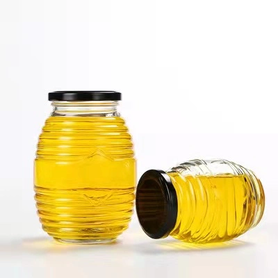 Unique Glass Storage Bottle with Thread Pattern Round 70ml 180ml 380ml 730ml Transparent Honey Jar