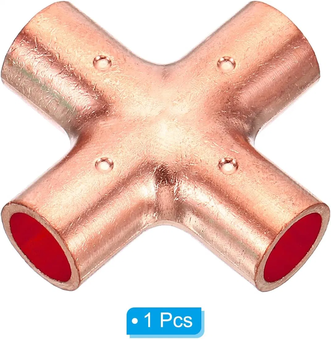 3/8 Inch ID Copper Union Cross Pipe Fitting, 4 Way Welding Copper End Feed Equal Pipe Connector for Plumbing Air Conditioning Refrigeration Gas Water Oil