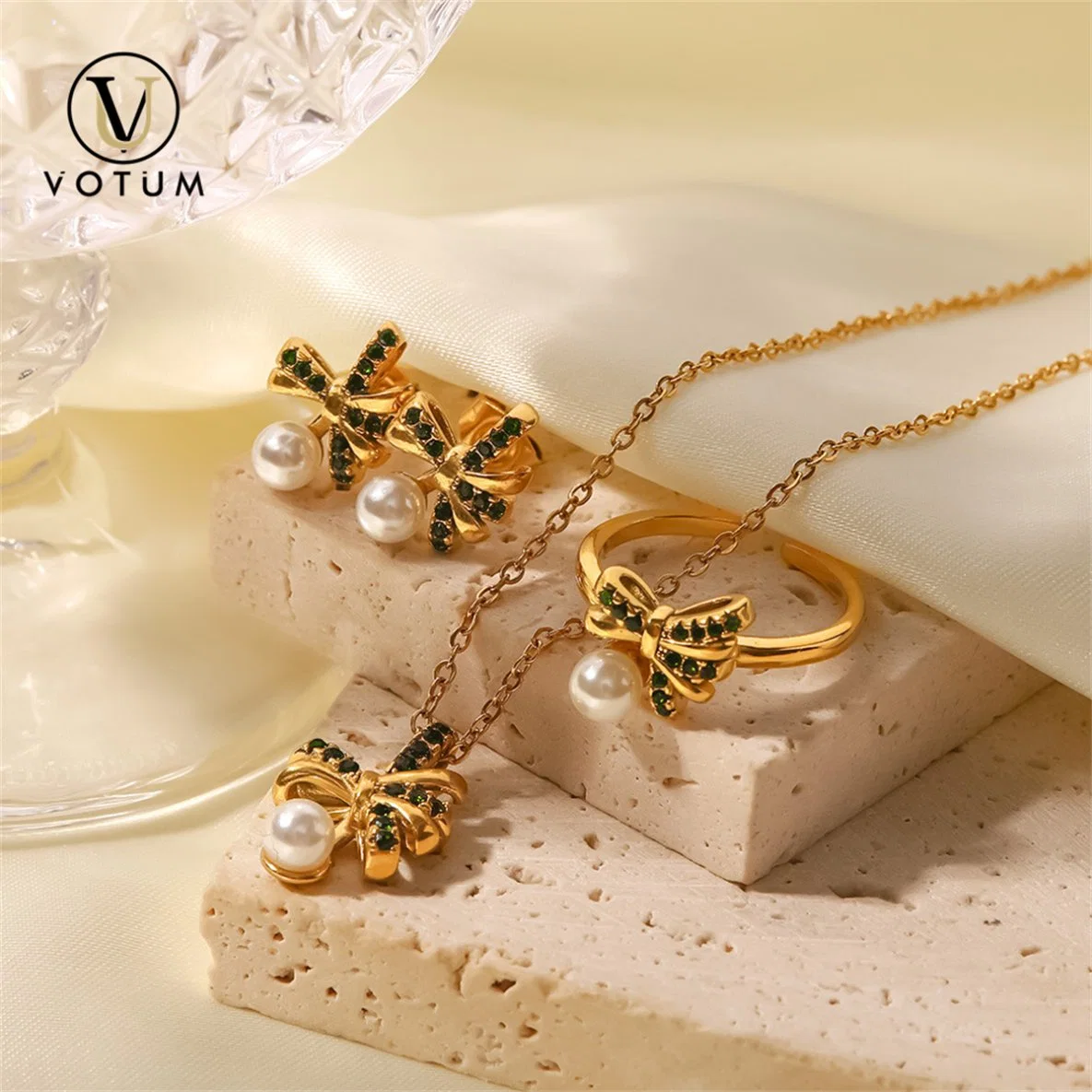 Votum Factory OEM 14K Gold Fashion Bowknot Pearl Necklace Earring Ring Set Freshwater Pearls Handmade Women Accessories Customize Jewelry