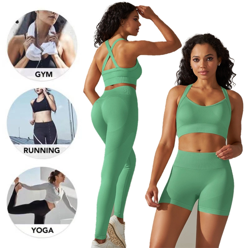 New Design 2/3/4/5PCS Butt Lift Running Exercise Yoga Set, Custom Logo Seamless Yoga Bra + Athletic Shorts + Gym Leggings Sports Outfits Active Wear for Ladies