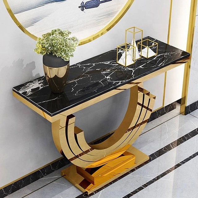 Customized Home Furniture Living Room Rectangle Side Tables Gold Stainless Steel Legs Marble Top Entryway Console Table