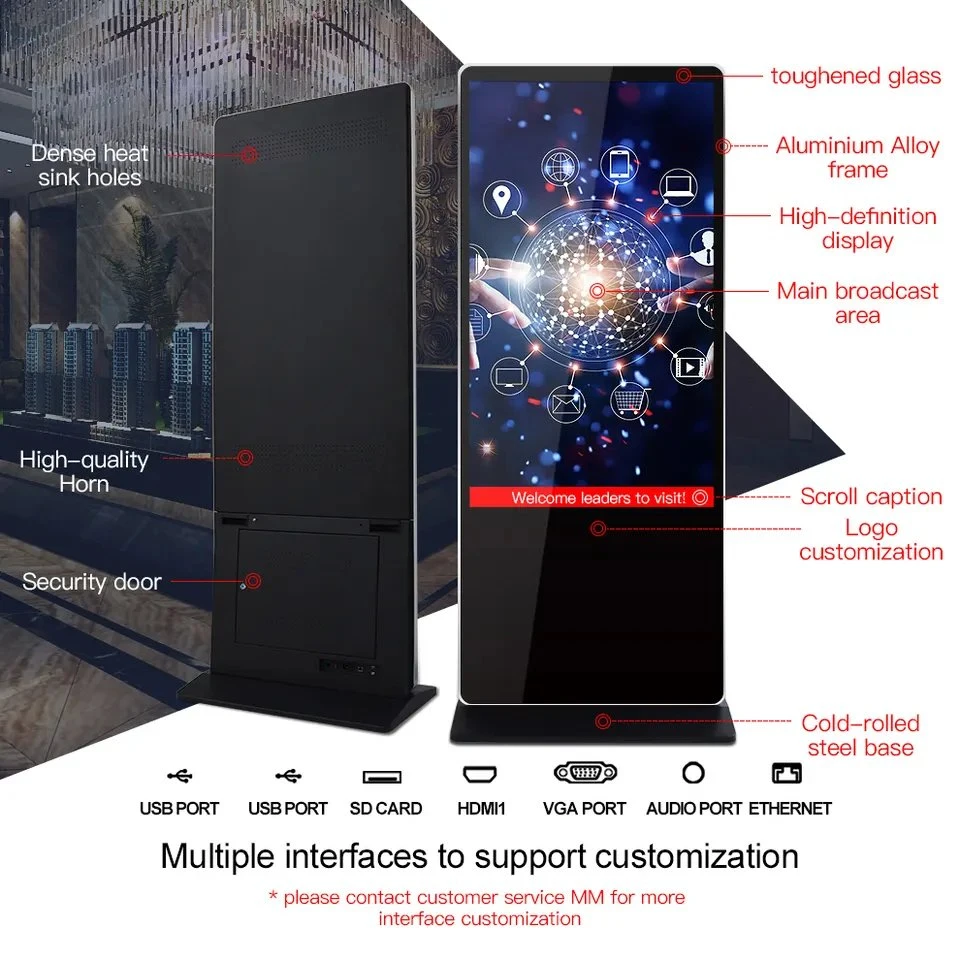 Ecrã LCD interativo Android de 32 polegadas com leitor de multimédia digital com tecnologia de sinalização digital Suporte de chão de exposição publicitário Totem