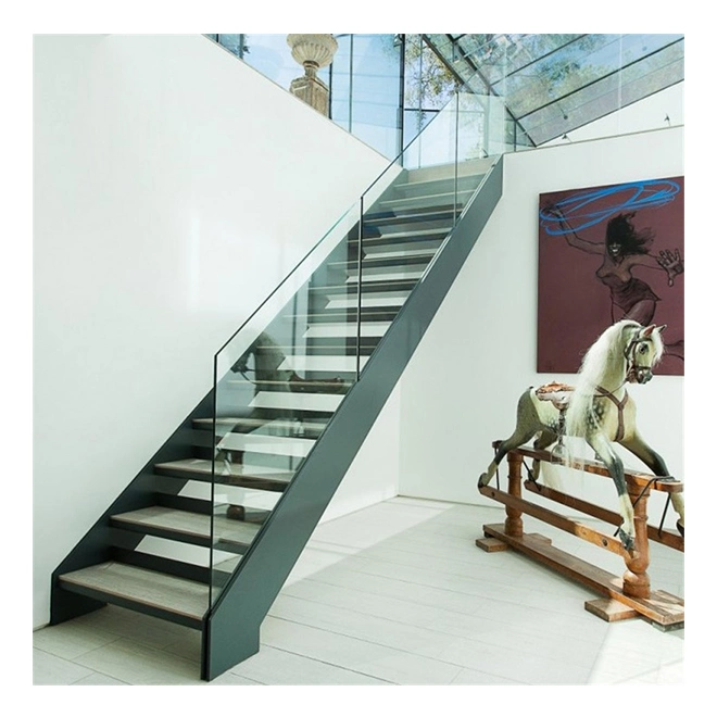 Custom Size Wooden Treads Steps Staircase with Frameless Glass and Stainless Steel Accessories Railing