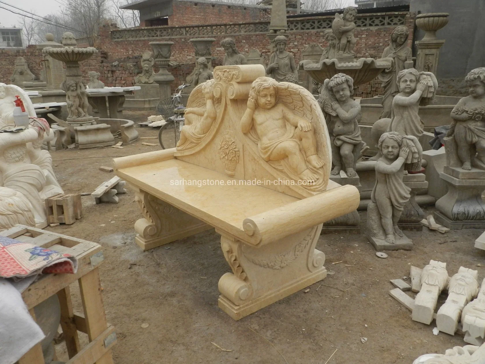 Outdoor Decorative Marble Stone Carved Angel Statue Benches Stone Carve Bench