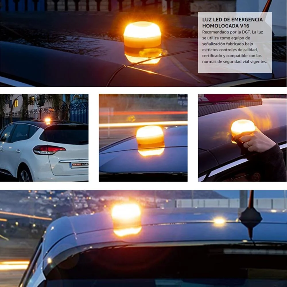 LUCES LED de carretera para emergencia para el kit de avería de coche recargable Batería Soporte magnético vehículo Soporte techo Advertencia Luz de emergencia para coche Para España V16